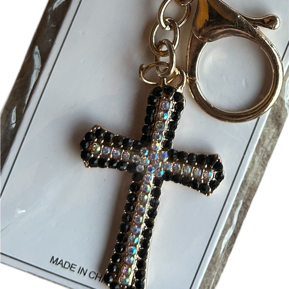 New Gold Cross Keychain/Bag Charm with Black and Iridescent Rhinestones